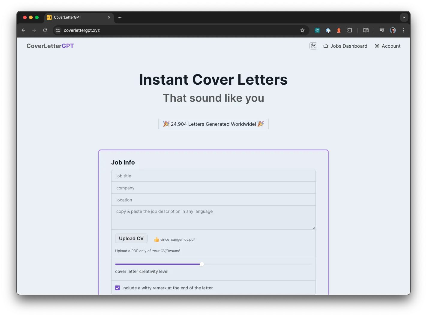 CoverLetterGPT landing page