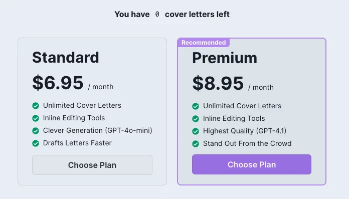 CoverLetterGPT SubscriptionPricing