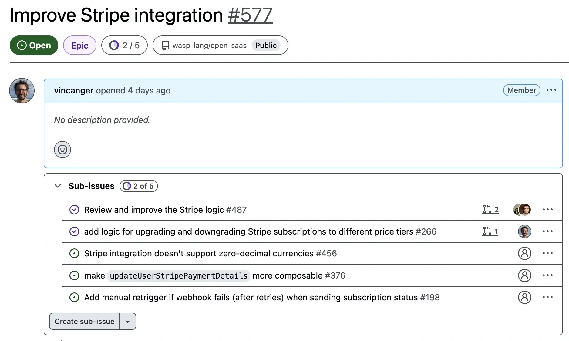 An example of an Epic in the Open SaaS roadmap