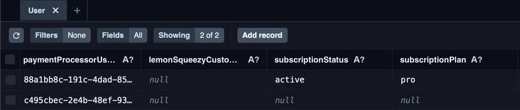 User table showing updated user